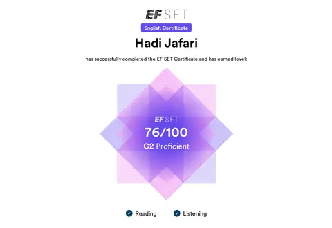 EF SET English certificate: 76/100, C2 Proficient