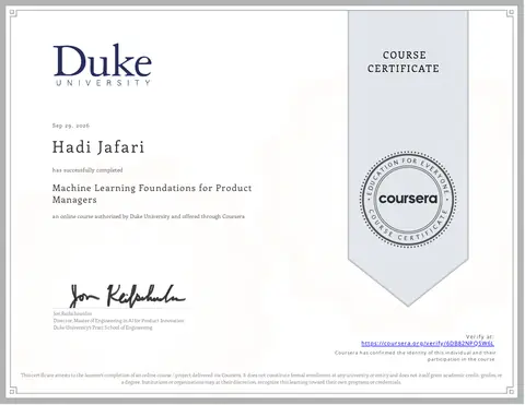 Duke University (Coursera) certificate: Machine Learning Foundations for Product Managers