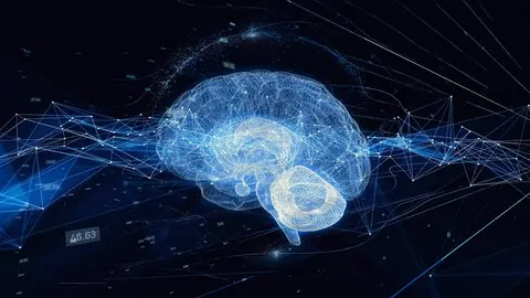 A glowing digital brain made of network lines